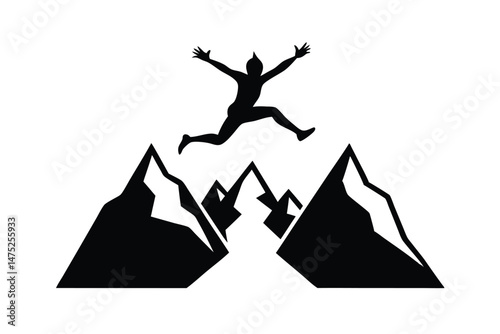 Silhouette Of A Person Leaping Between Two Mountain Peaks