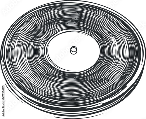Black and white illustration of a vinyl record with grooves and a central label for music playback