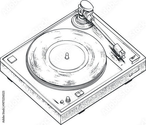 Black and white line art illustration of a vintage vinyl record turntable playing music with tonearm and needle