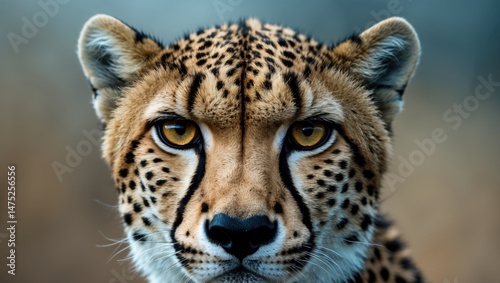 African predator cheetah face in closeup with spotted fur and intense gaze
