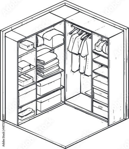 Isometric line drawing of an organized wardrobe closet with shelves, hangers, and storage boxes for clothes