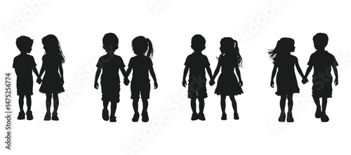 Adorable silhouettes of children holding hands friendship childhood innocence boy girl pairs illustration