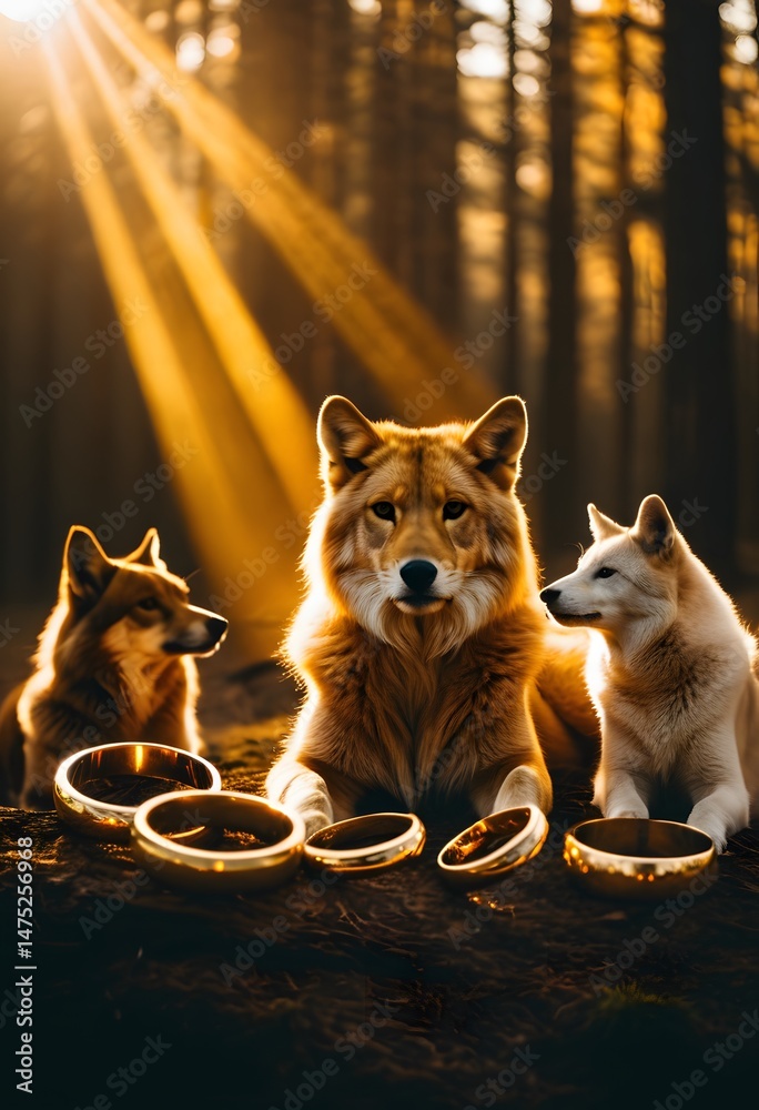 Three Dogs and Golden Rings in Forest Setting