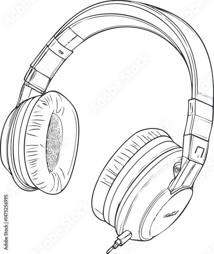 Detailed black and white line art illustration of modern over-ear headphones with cushioned ear cups and adjustable headband.