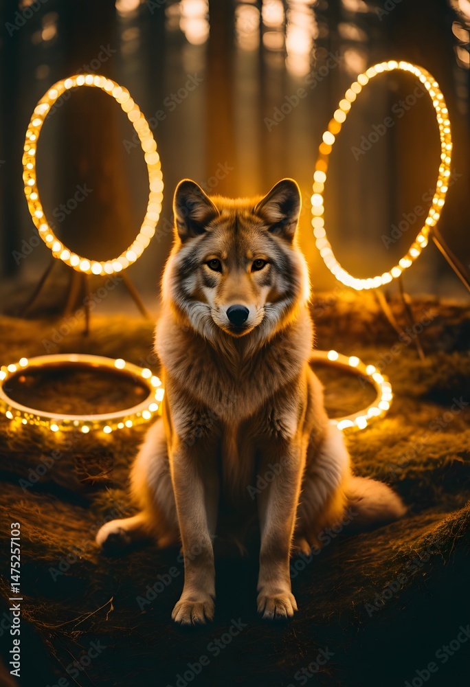 Canine Subject with Illuminated Circular Light Rings in Forest Setting