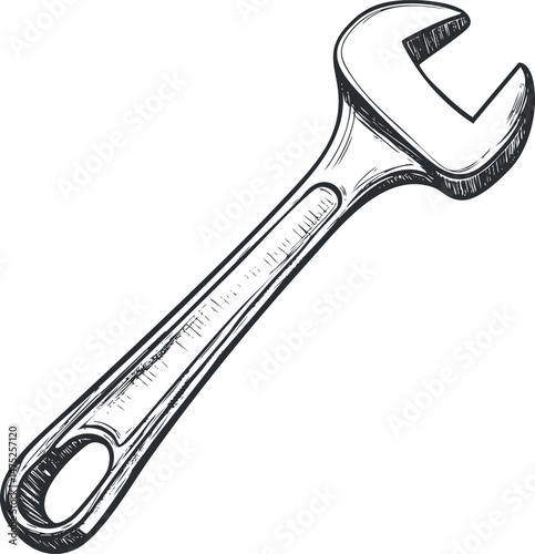 Detailed black and white sketch of an adjustable wrench tool for mechanical repair and maintenance