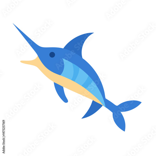 Stylized blue marlin illustration on black background in flat style