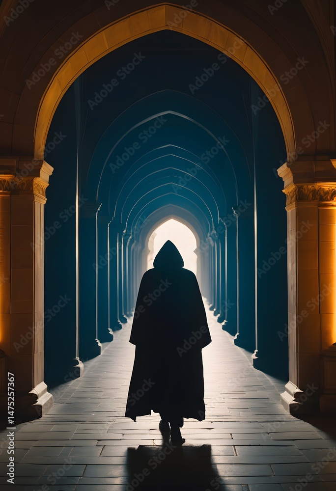 Cloaked Figure in an Arched Hallway