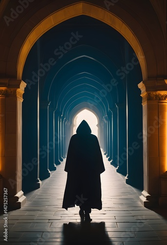 Obraz na płótnie Cloaked Figure in an Arched Hallway w salonie