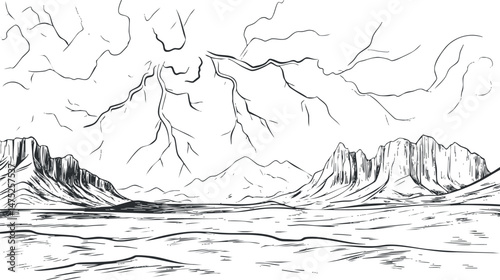 Black and white sketch of a mountainous landscape with rocky peaks and open terrain under a cloudy sky