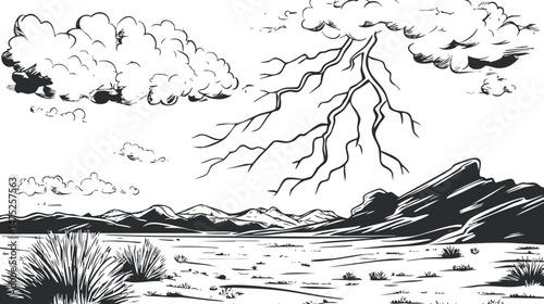 Black and white illustration of a desert landscape with mountains and lightning striking from storm clouds