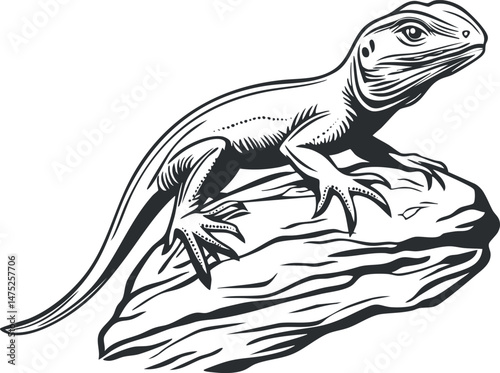 Black and white illustration of a lizard perched on a rock showing detailed reptile features