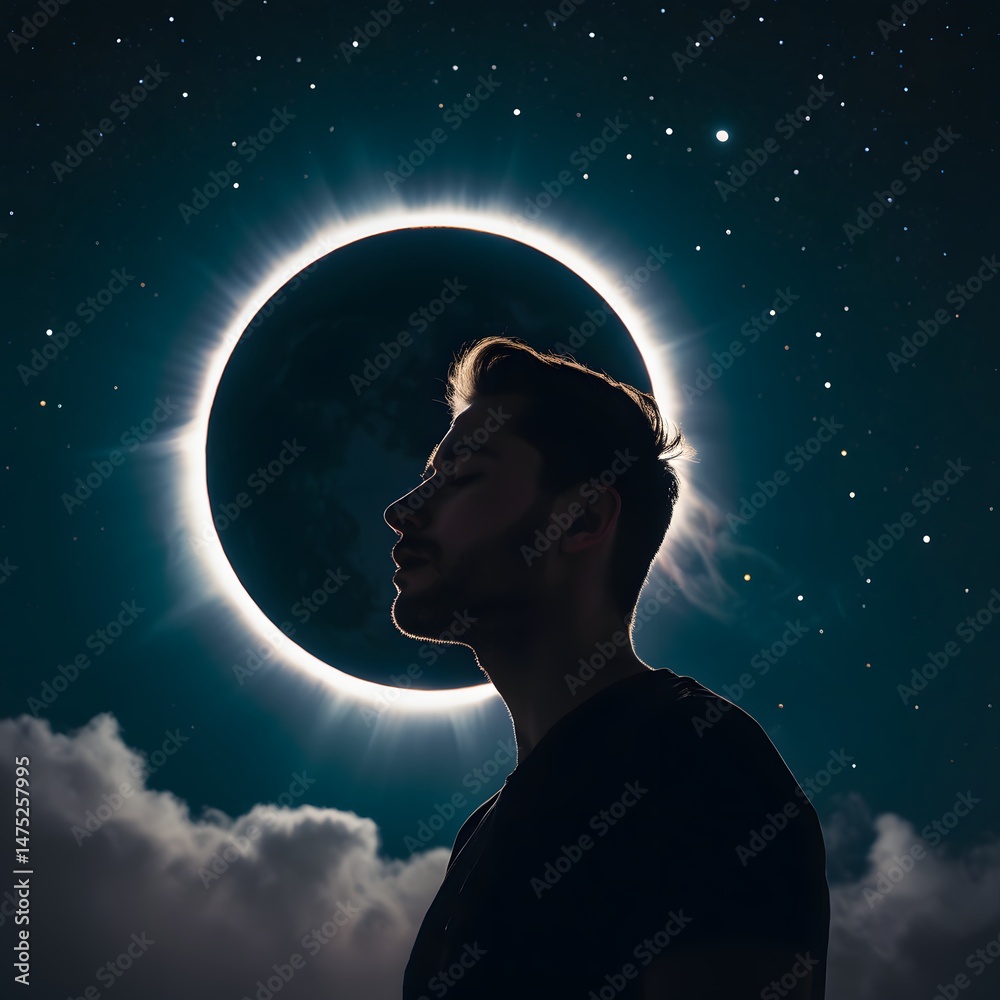 Man Silhouetted Against Solar Eclipse and Night Sky