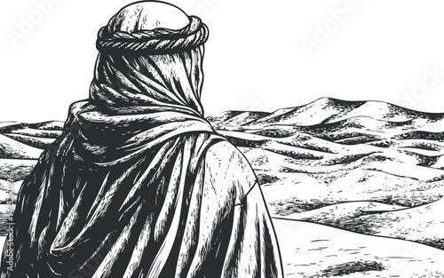 Black and white illustration of a man in traditional robe and headwear looking over desert sand dunes landscape.