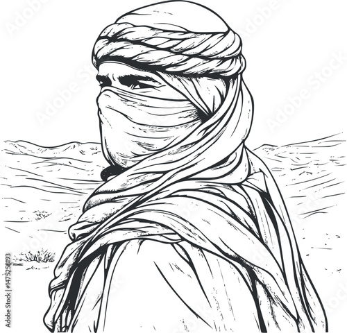 Black and white line art illustration of a man wearing a turban and face covering in a desert landscape with sand dunes