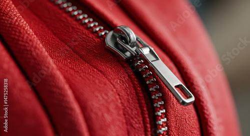 Close-Up of Red Leather Jacket Zipper Showing Craftsmanship and Quality Emphasizing Detail and Precision in Fashion or Textile Industries for Stock Photography