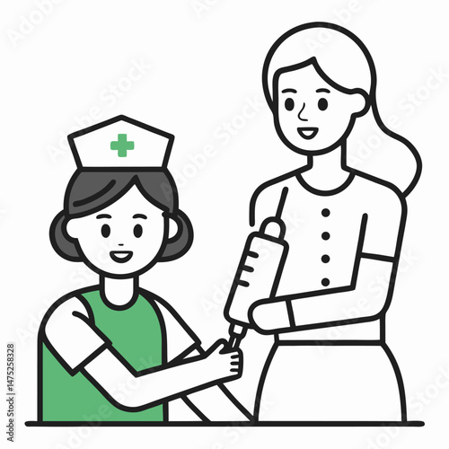 A cartoon drawing shows a woman holding an injection pen while standing next to a smiling nurse.

