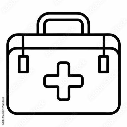 A black and white line drawing depicts a first aid kit with a prominent medical cross.

