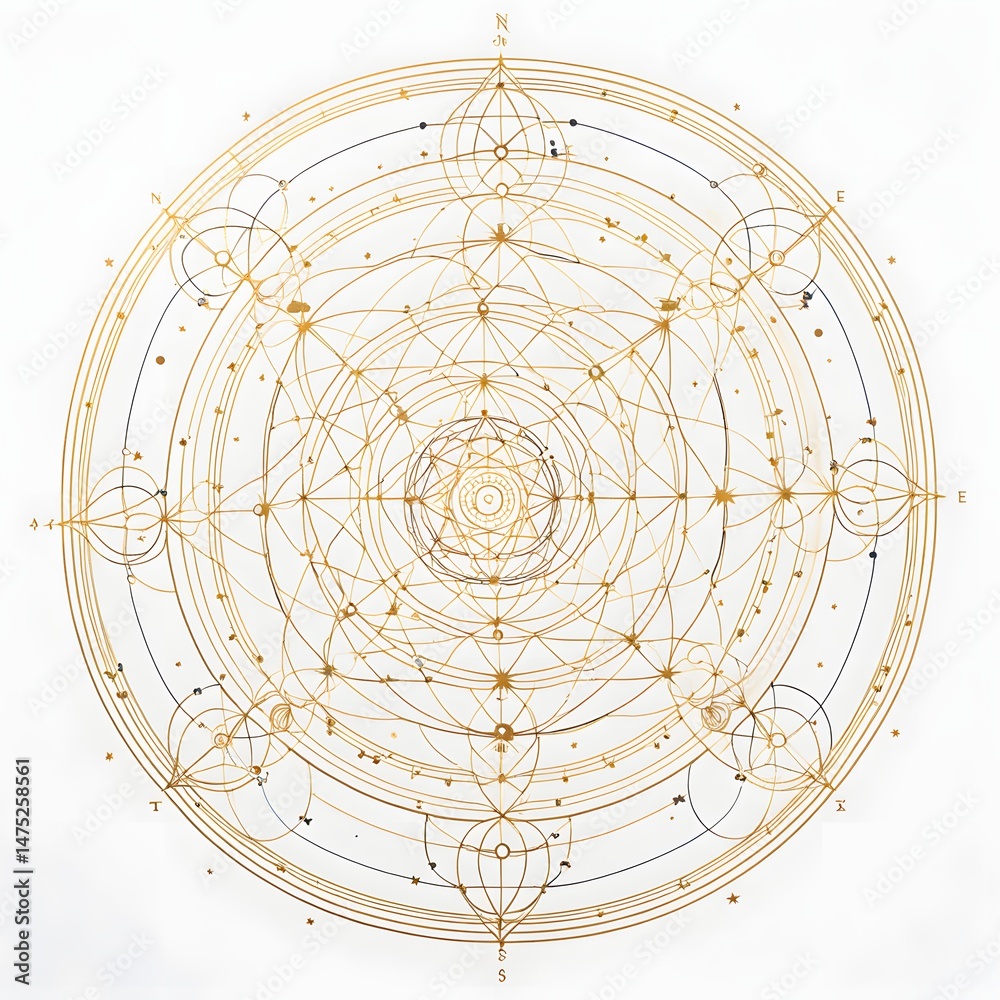 Geometric Diagram with Cardinal Directions and Celestial Elements