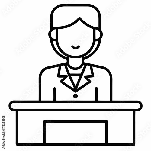 A stylized black-and-white drawing depicts a woman with short hair and a blazer sitting behind a desk.

