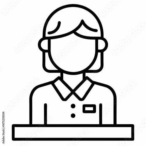 A stylized black-and-white drawing depicts a woman with short hair and a blazer sitting behind a desk.

