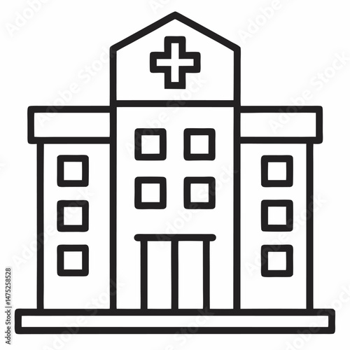 A simple, black and white illustration of a hospital building with a cross on its roof.

