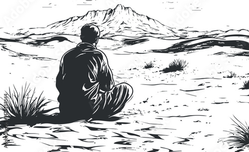Black and white illustration of a man sitting alone in a desert landscape facing distant mountains.