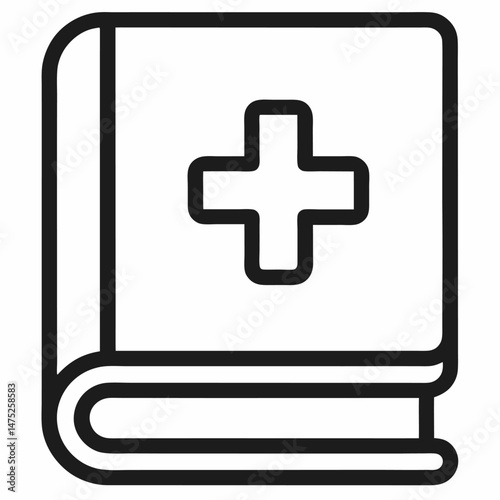 A line drawing depicts a book with a medical cross symbol on its cover.

