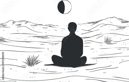 Silhouette of a person meditating in a desert landscape under a crescent moon in a serene environment