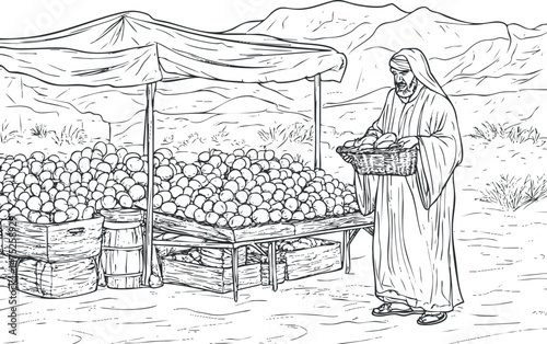 Black and white illustration of a man in traditional clothing selling oranges at an outdoor market stall in a desert mountain setting