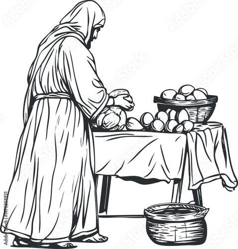Black and white line drawing of a biblical man in a robe preparing and selling bread and fruit at a table with baskets.