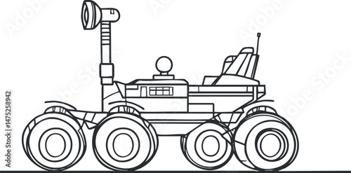 Black and white line drawing of a space exploration rover with large wheels and scientific instruments