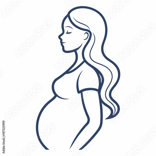 A blue-lined illustration depicts a pregnant woman in profile with long, flowing hair.