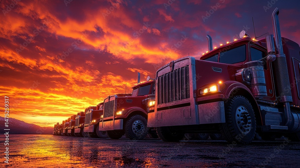 Row of red trucks under dramatic orange and red sunset sky reflects on wet pavement Row of red trucks under dramatic orange and red sunset sky reflects on wet pavement