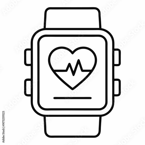 The image is a black and white line drawing of a smartwatch displaying a heart with an EKG line inside it.

