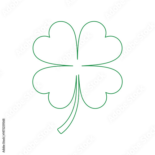 Simple Green Line Drawing of a Four Leaf Clover Isolated on White Background