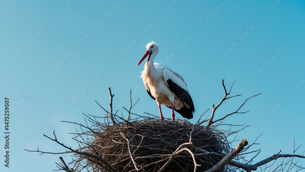 Fototapeta premium Scenic view of a powerful white stork standing tall in its nest under a vivid sky