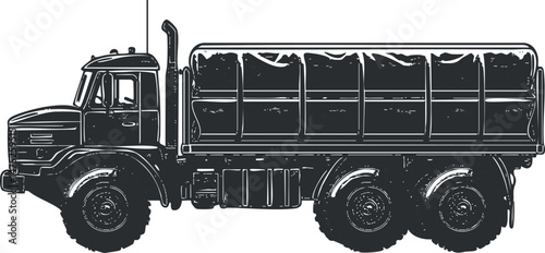 Side view illustration of a heavy-duty cargo truck used for transporting goods and materials over roads.