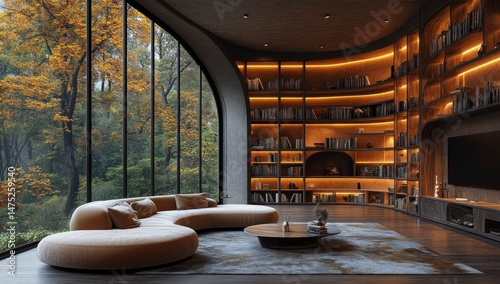 Stylish library room facing autumn nature