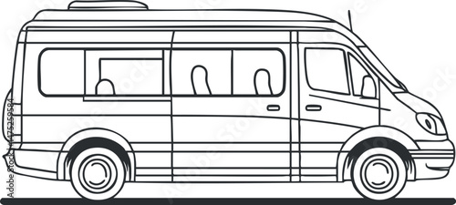 Side view line drawing of a modern passenger van used for transportation and travel purposes