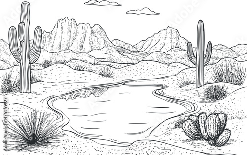 Black and white line drawing of a desert landscape with cactus plants, mountains, and a small water pond under a partly cloudy sky.