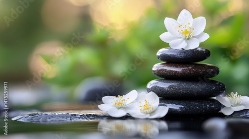 Peaceful zen stones with delicate blossoms.