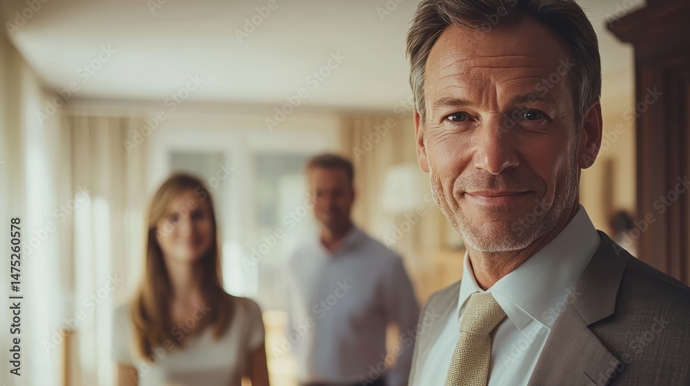 Obraz premium Mid-age man smiles warmly at camera, family in background.