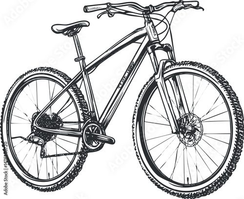 Black and white sketch of a mountain bike with detailed wheels frame and handlebars for outdoor cycling