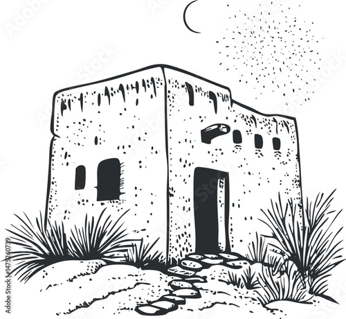 Black and white illustration of a traditional adobe house in a desert landscape with plants and moon