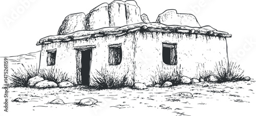 Black and white sketch of an old adobe house in a dry desert landscape with rocks and shrubs