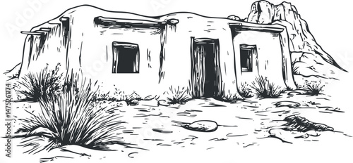 Black and white sketch of a traditional adobe house in a desert landscape with rocky terrain and sparse vegetation