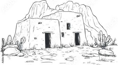 Black and white drawing of a traditional adobe house in a desert landscape with mountains and cacti