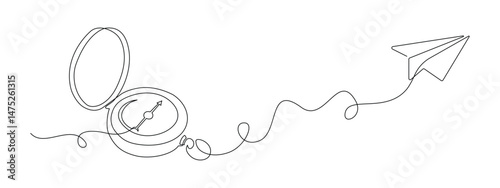 Traveller compass and paper plane in one continuous line drawing. Map guide and new adventure symbol in simple linear style. Business strategy concept in editable stroke. Doodle vector illustration