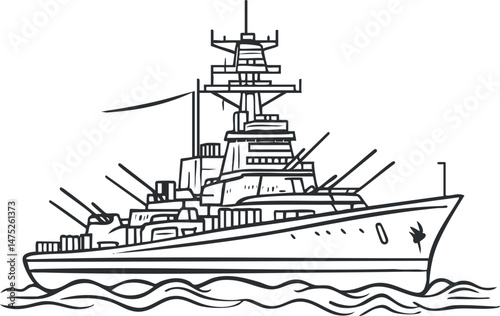 Black and white line drawing of a battleship warship sailing on the ocean with visible cannons and mast.